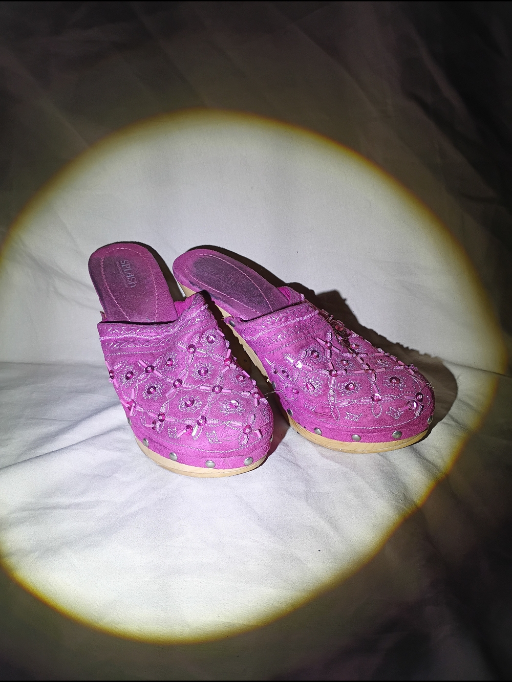 Vintage Splash Pink Suede Embellished Wooden Platform Clogs Size 6.5